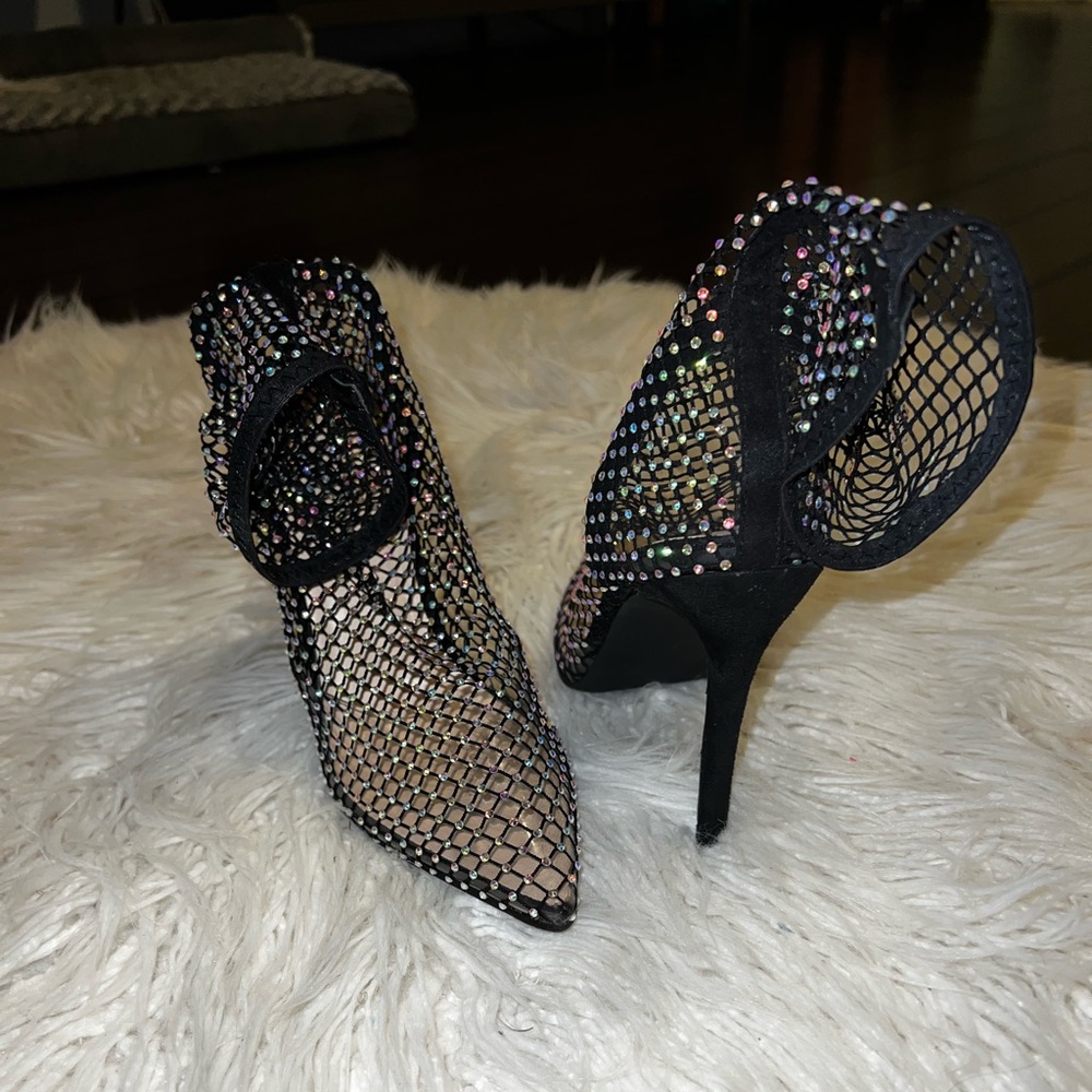 Fishnet booties with iridescent stones